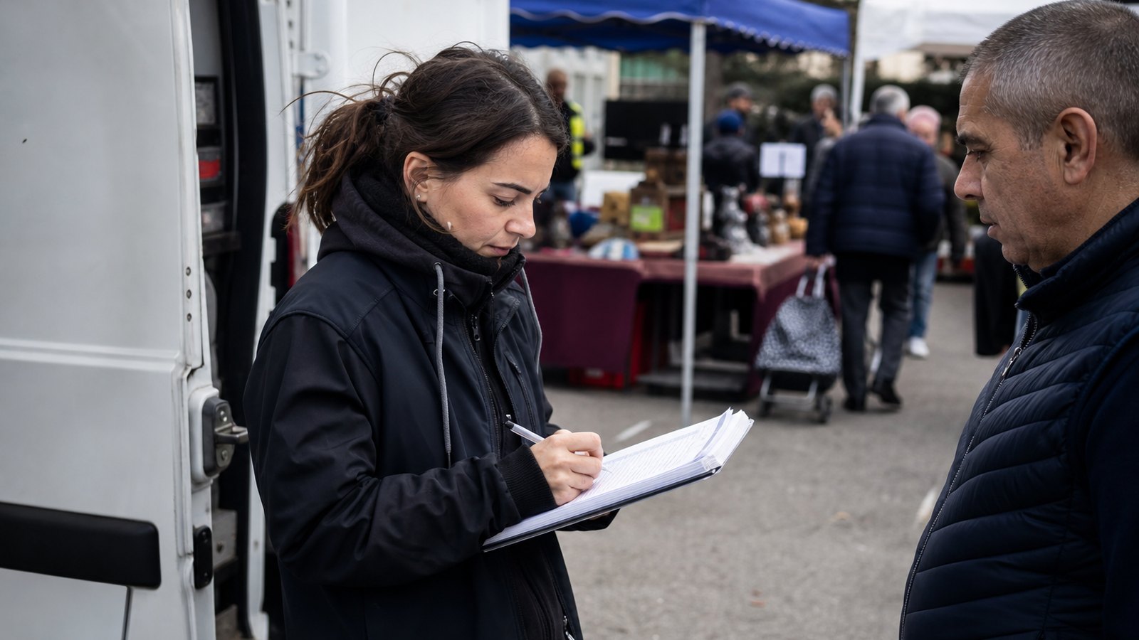 Accueil et pointage des exposants à l'arrivée sur un marché